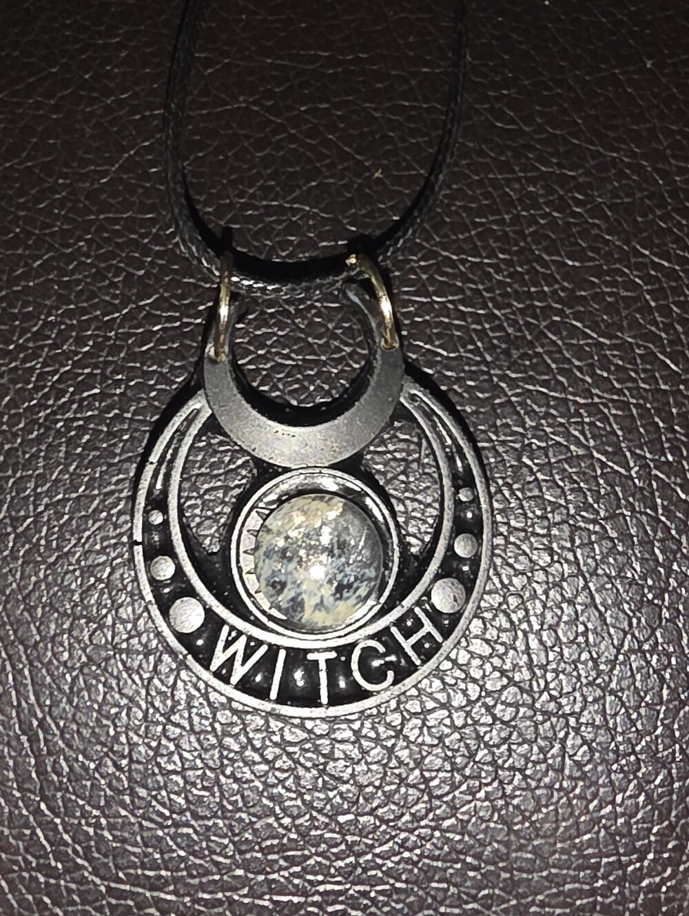 Witch Charm Pendant With Center Gemstone On 18" Cord Necklace